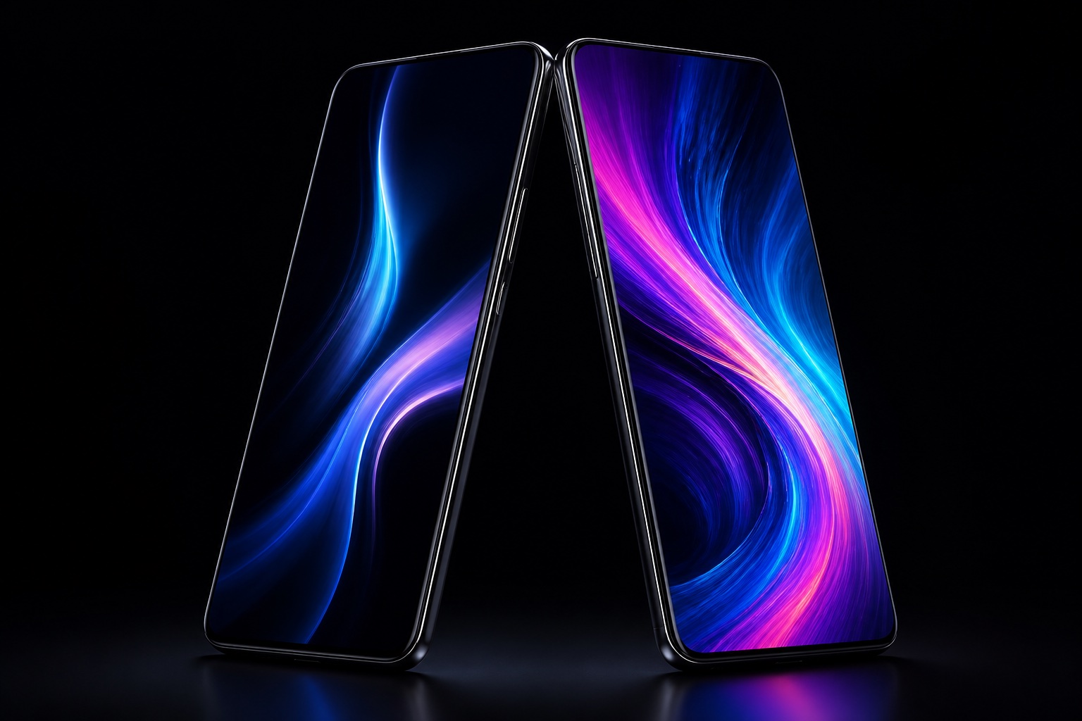 Two unbranded smartphones with vivid abstract displays in a dark studio