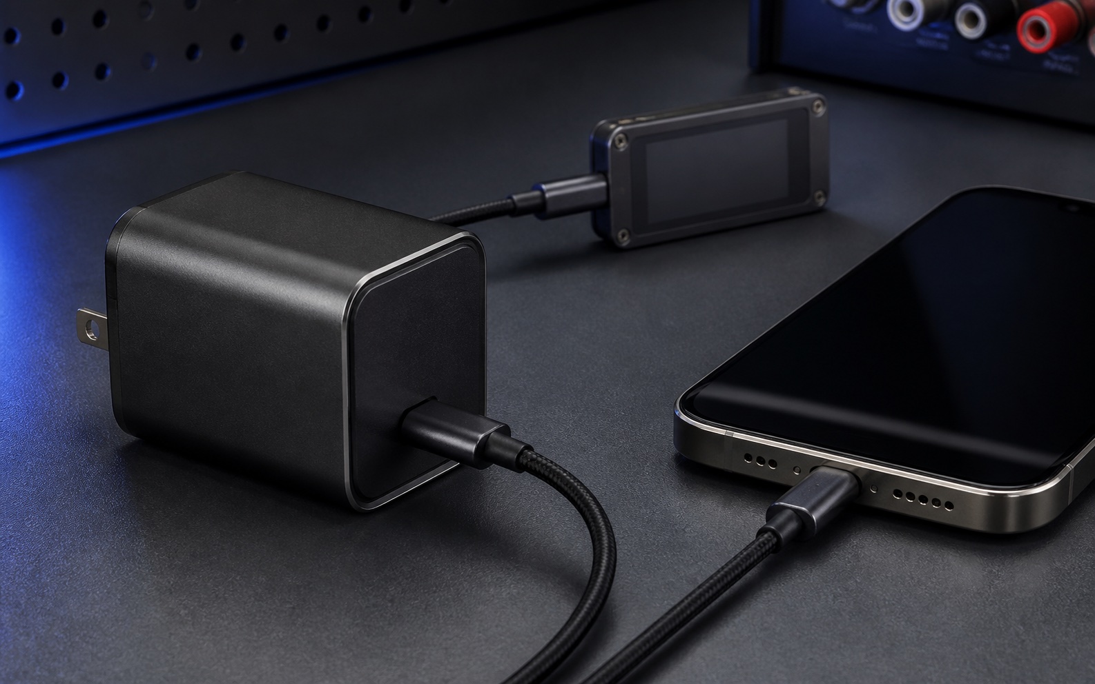 USB-C GaN charger, phone, and power meter on a dark electronics test bench